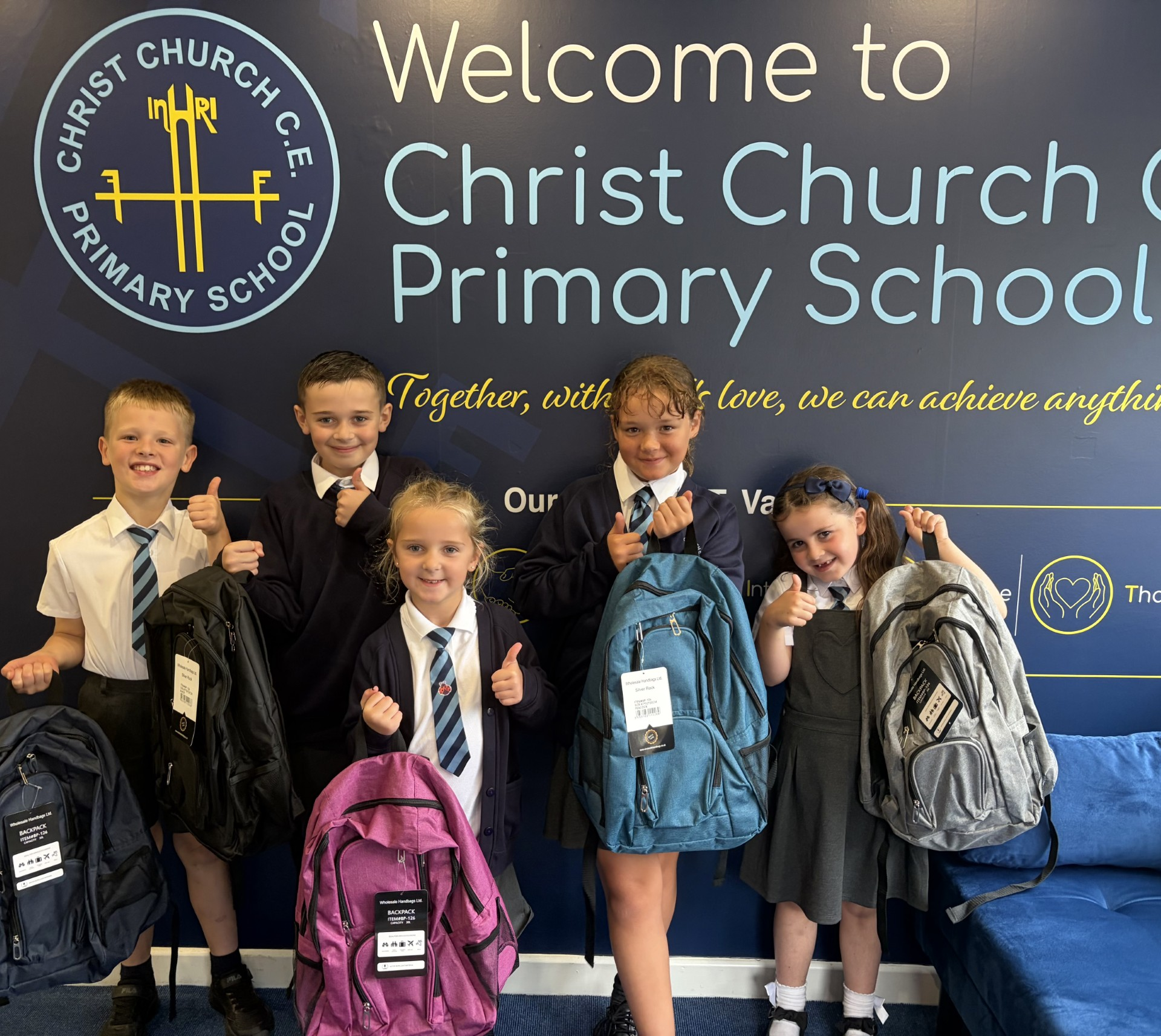 Completed backpacks presented at Christ Church CE Primary School in Padgate as part of Amazon's Packed with Purpose initiative